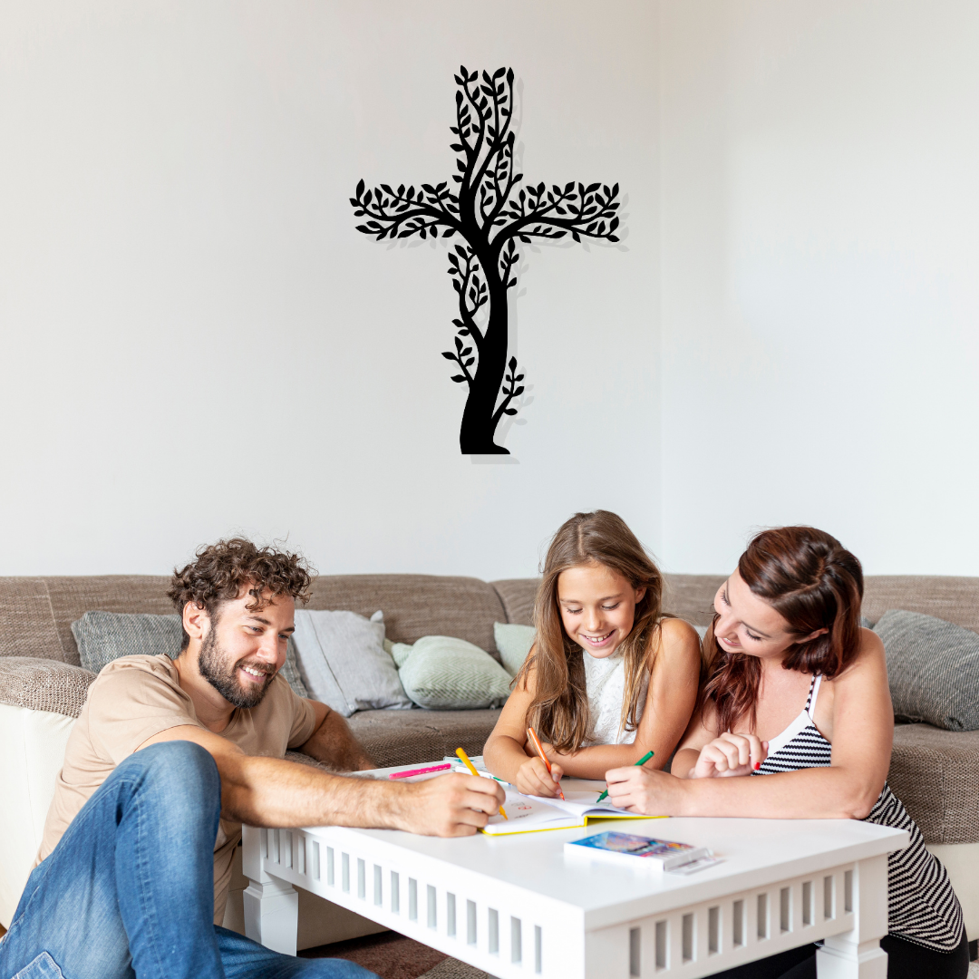 Artrooms Cross Tree Metal Wall Art - Wall Decoration | Wall Hanging (17x25 inch) | Black Matte Finish