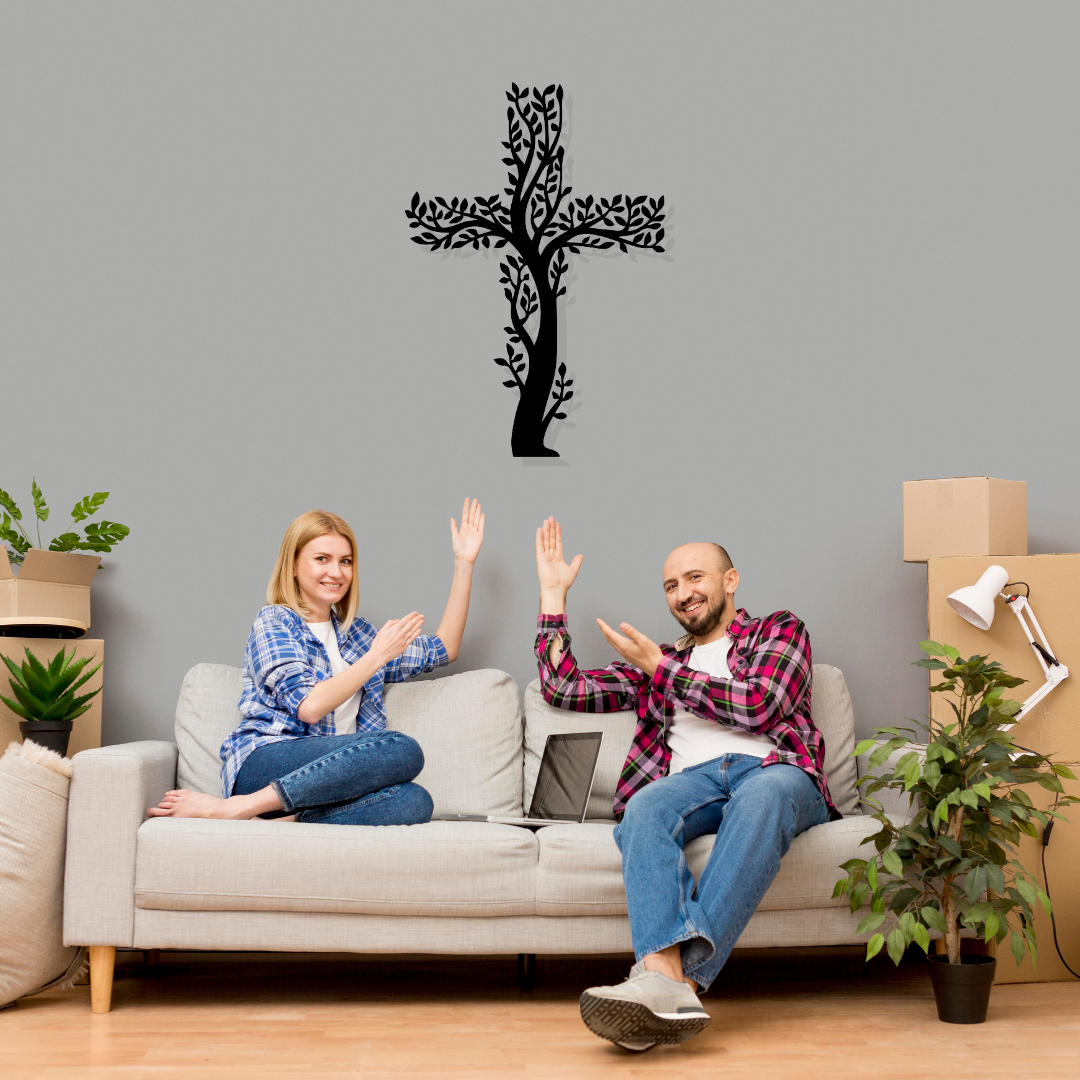 Artrooms Cross Tree Metal Wall Art - Wall Decoration | Wall Hanging (17x25 inch) | Black Matte Finish