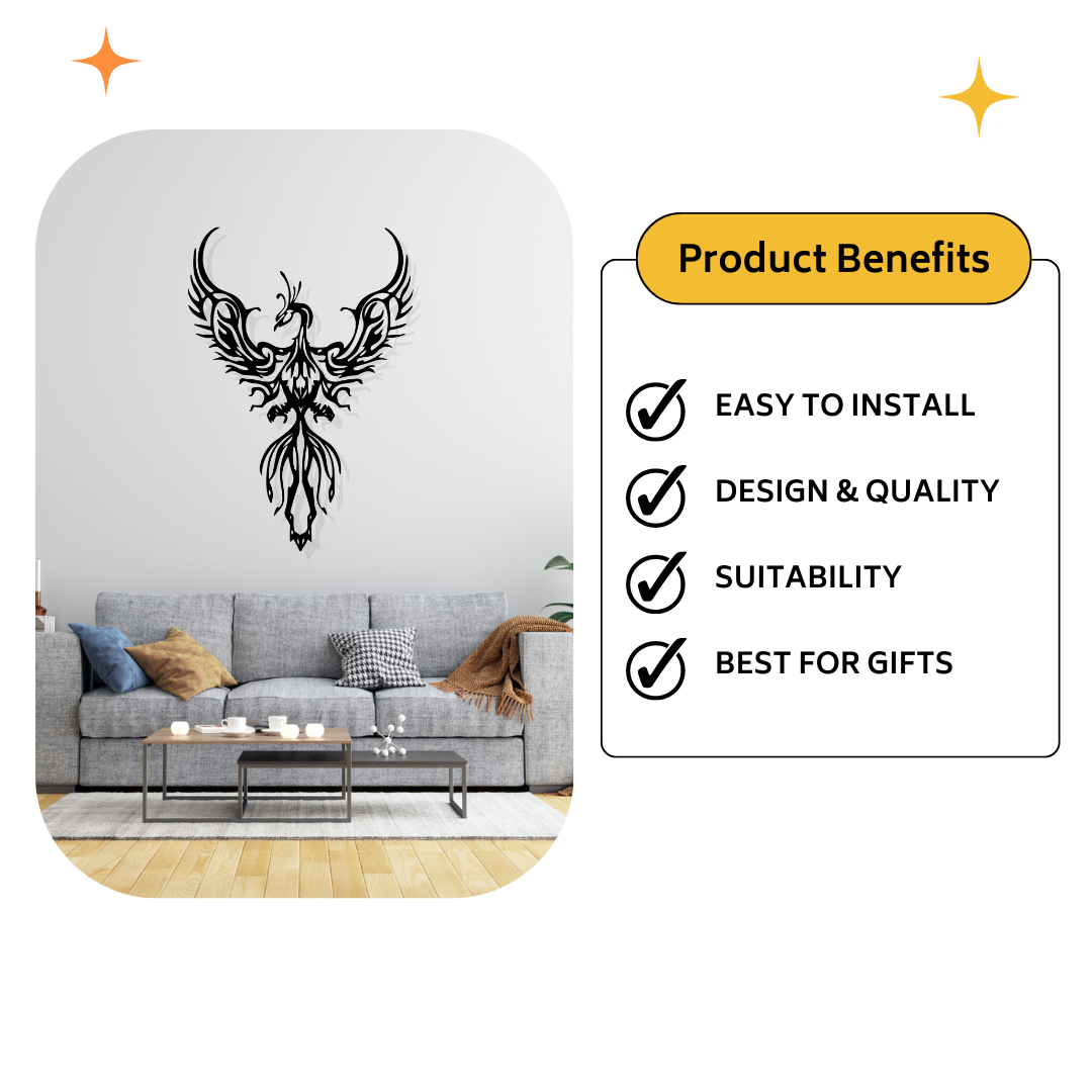 Artrooms Phoenix Bird Metal Wall Art - Wall Decoration | Wall Hanging (17x25 inch) | Black Matte Finish
