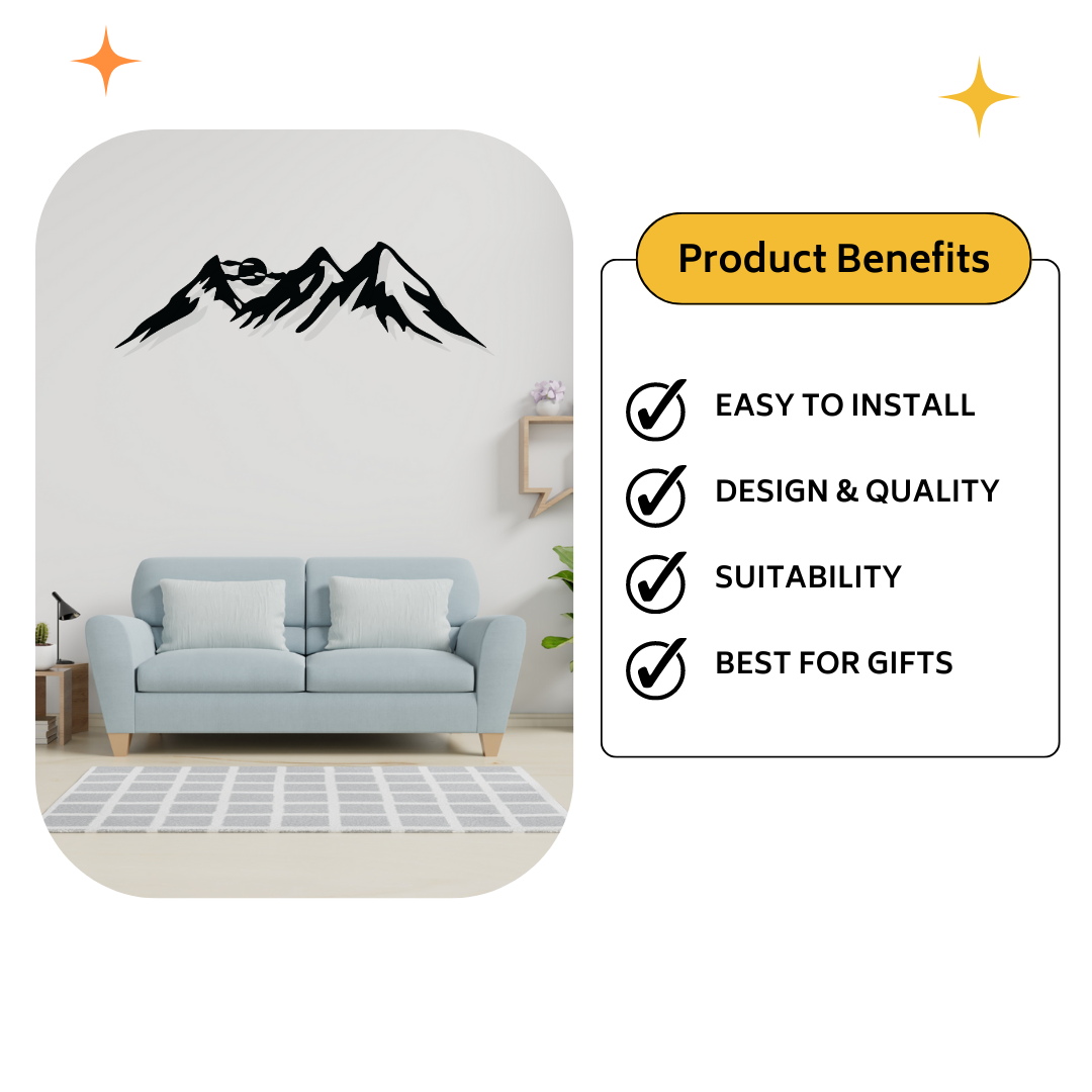 Artrooms Mountain Metal Wall Art - Wall Decoration | Wall Hanging (25x7 inch) | Black Matte Finish
