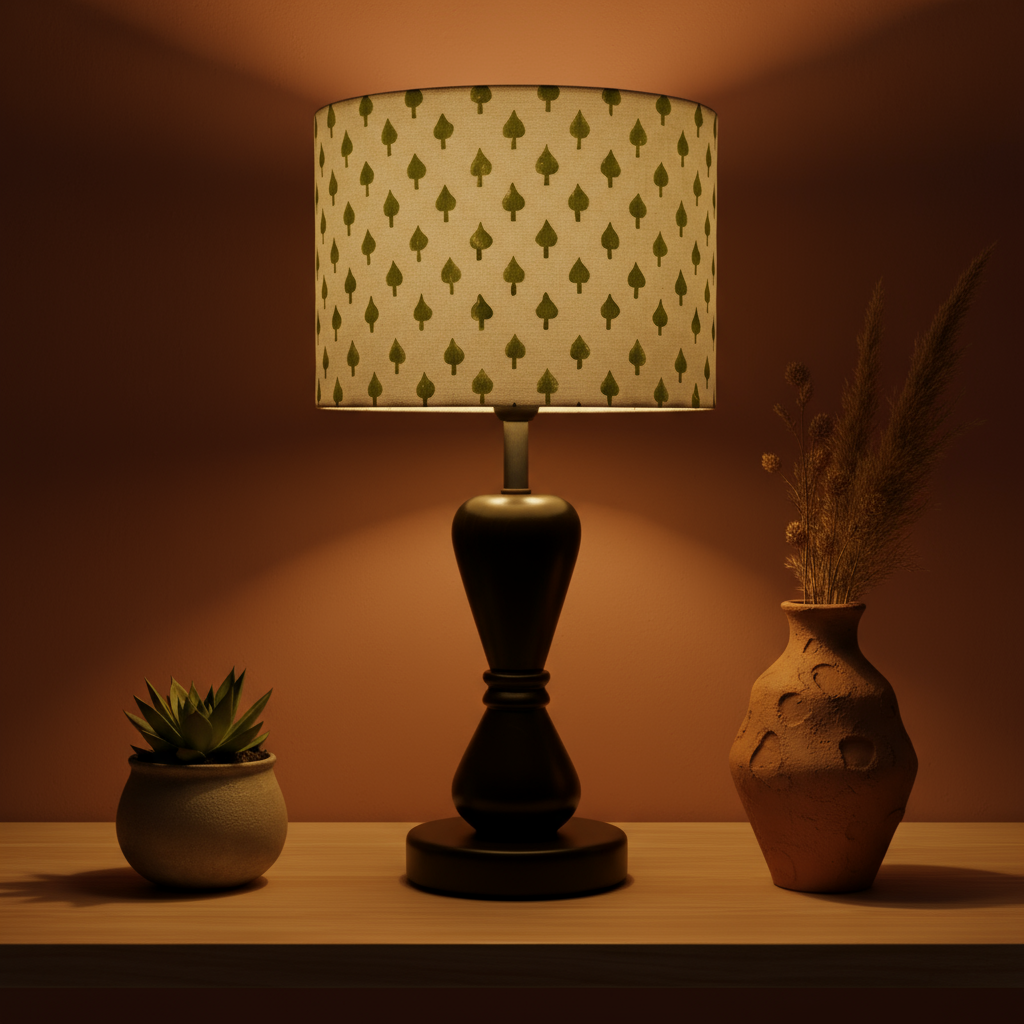 Fabric Lamp Shade – Green Leaf Block Print Cotton