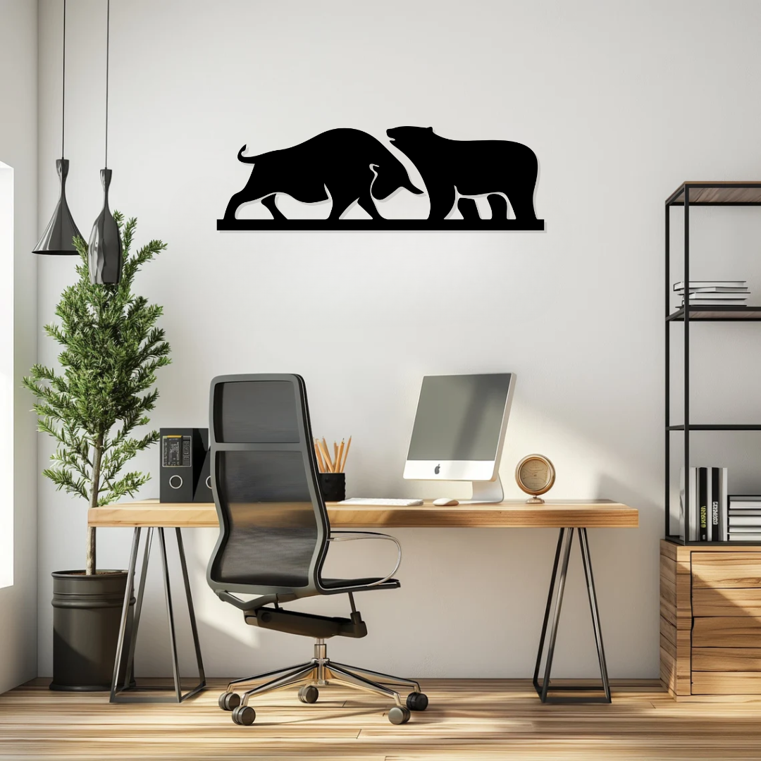 Artrooms Bull and Bear Metal Wall Art – 24x8 inch | Stock Market Wall Decor for Office & Trading Room