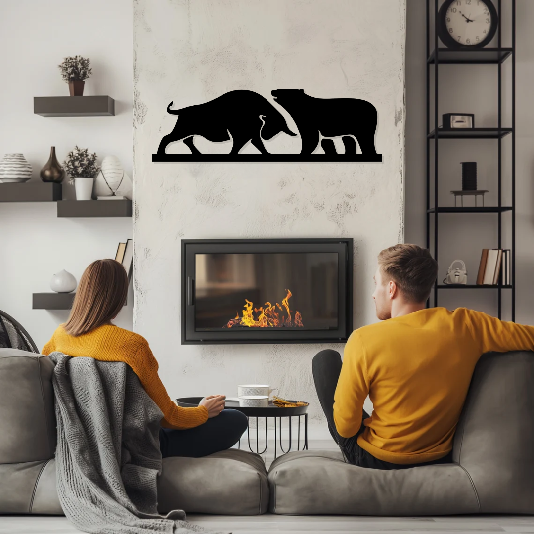 Artrooms Bull and Bear Metal Wall Art – 24x8 inch | Stock Market Wall Decor for Office & Trading Room