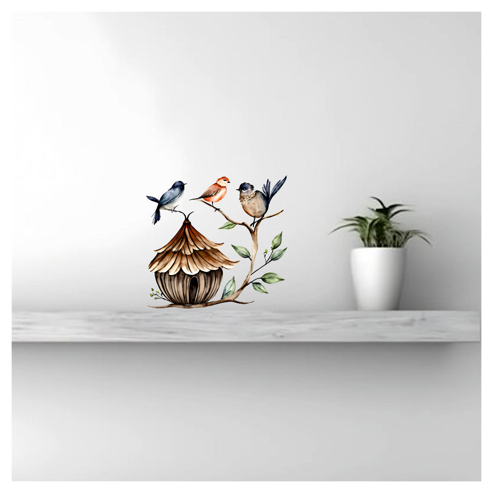 Bird Wall Sticker β 3 birds sitting on branch with birdhouse vinyl wall decal for bedroom dΓ©cor