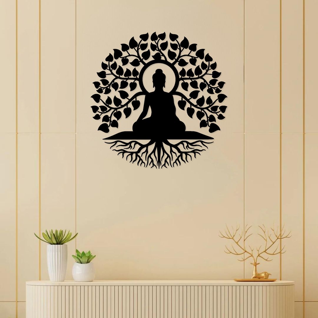 Artrooms Buddha on Tree Warrior Metal Wall Art - Wall Decoration | Wall Hanging (24x24 inch) | Black Matte Finish