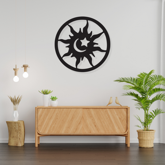 Artrooms Sun Moon Star Metal Wall Art - Wall Decoration | Wall Hanging | Black Matte Finish