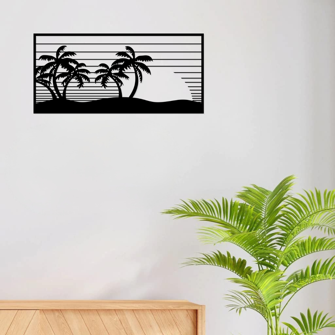 Artrooms Beach Island Silhouette Metal Wall Art - Wall Decoration | Wall Hanging (25x12 inch) | Black Matte Finish