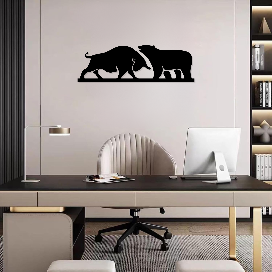 Artrooms Bull and Bear Metal Wall Art – 24x8 inch | Stock Market Wall Decor for Office & Trading Room