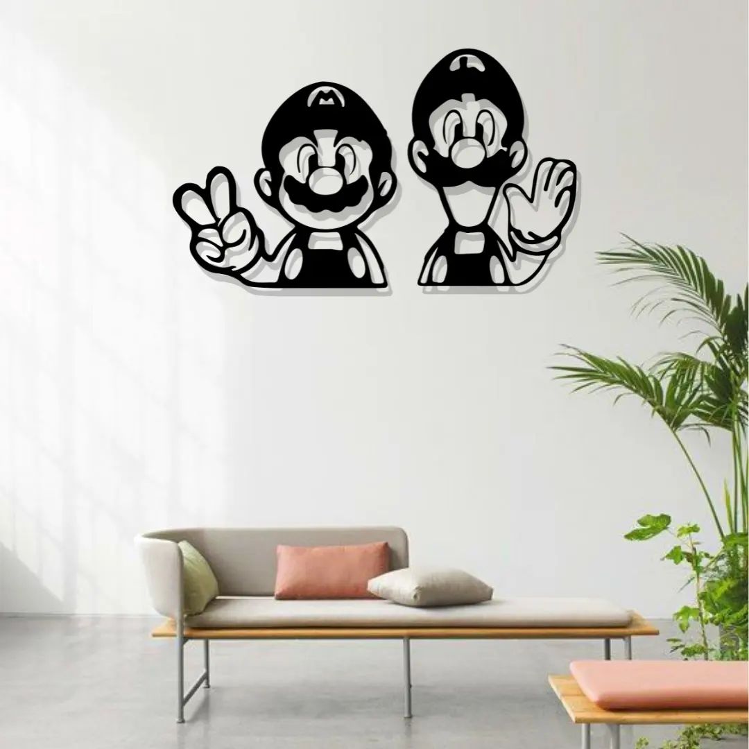 Artrooms Mario & Luigi Metal Wall Art - Wall Decoration | Wall Hanging (44x25 inch) | Black Matte Finish