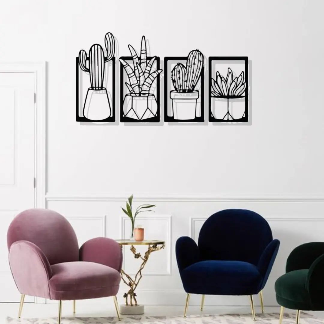 Artrooms 4 Cactus Metal Wall Art - Wall Decoration | Wall Hanging (44x22 inch) | Black Matte Finish