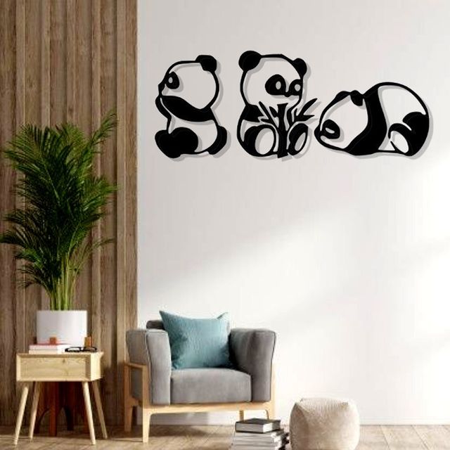Artrooms Panda Metal Wall Art - Wall Decoration | Wall Hanging (40x16 inch) | Black Matte Finish