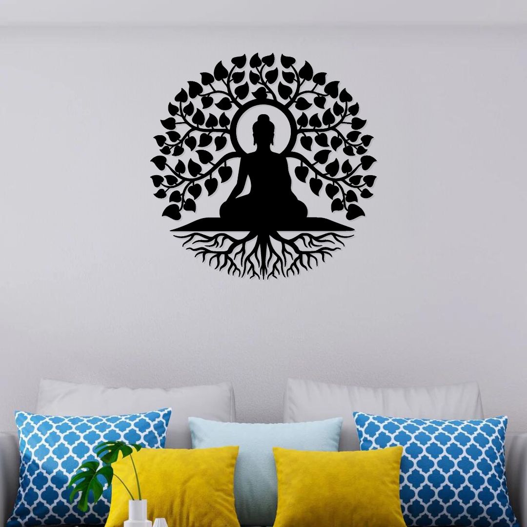 Artrooms Buddha on Tree Warrior Metal Wall Art - Wall Decoration | Wall Hanging (24x24 inch) | Black Matte Finish