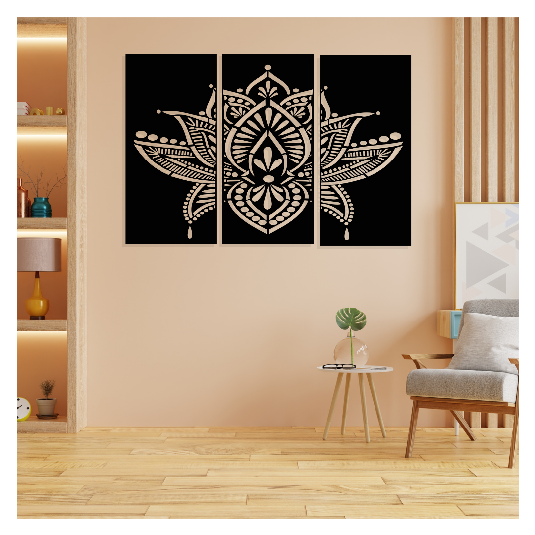 Artrooms Lotus Flower Mandala Metal Wall Art - Wall Decoration | Wall Hanging (36x25 inch) | Black Matte Finish