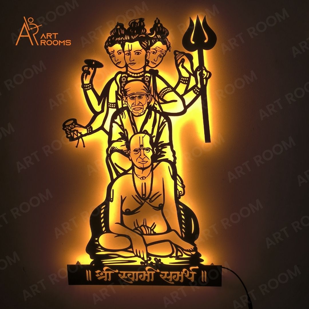Swami, Datta And Sai Baba Metal Wall Art With Light – LED Backlit Spiritual Décor