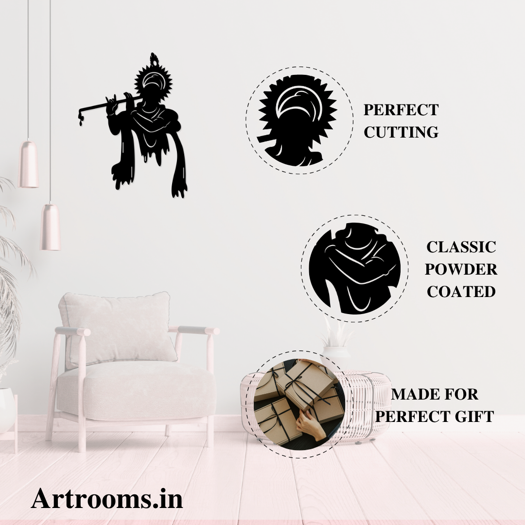 Artrooms Krishna Metal Wall Art - Wall Decoration | Wall Hanging (18x24 inch) | Black Matte Finish