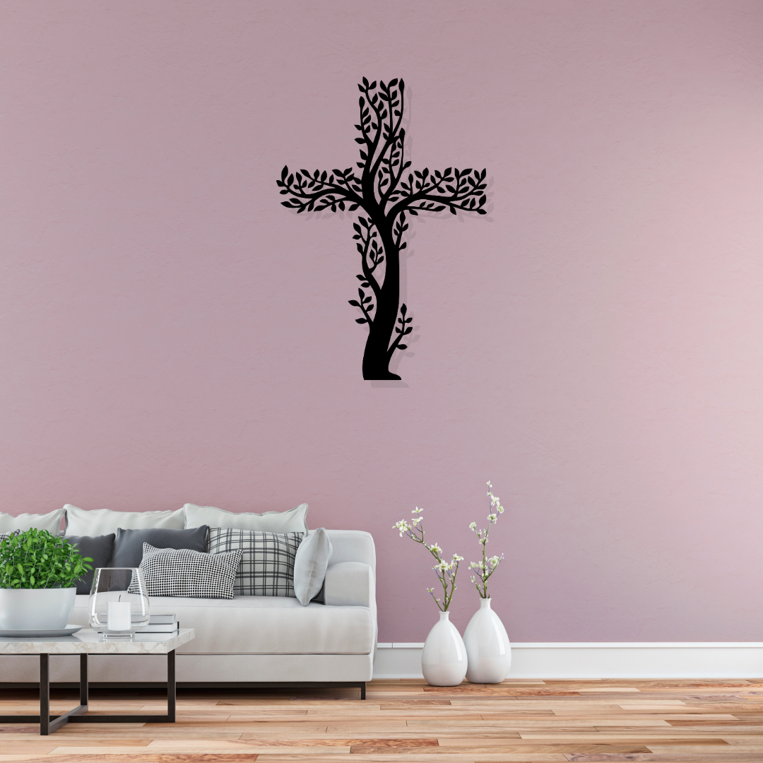 Artrooms Cross Tree Metal Wall Art - Wall Decoration | Wall Hanging (17x25 inch) | Black Matte Finish