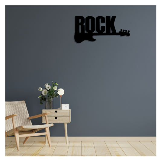 Artrooms Word Rock With Guitar Metal Wall Art - Wall Decoration | Wall Hanging (25x12 inch) | Black Matte Finish