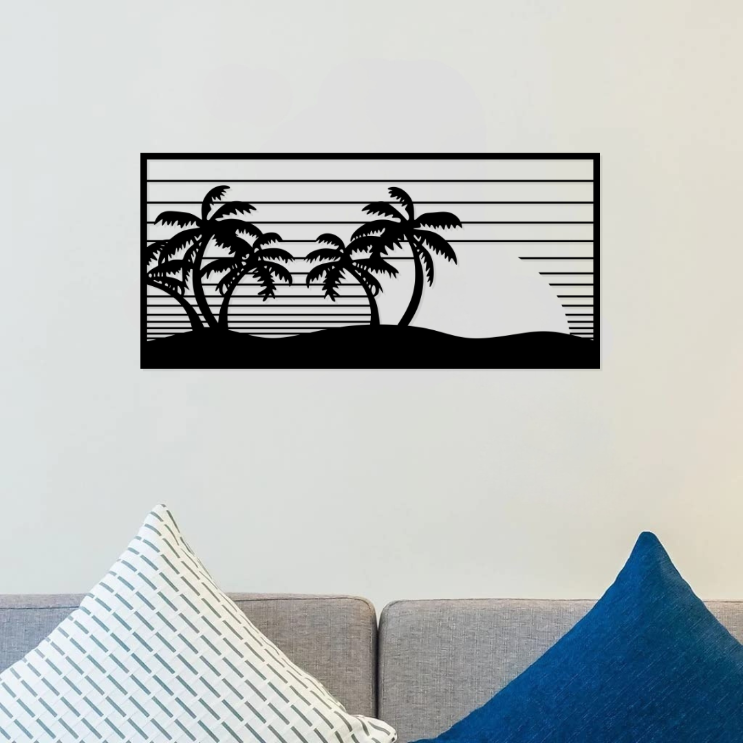 Artrooms Beach Island Silhouette Metal Wall Art - Wall Decoration | Wall Hanging (25x12 inch) | Black Matte Finish