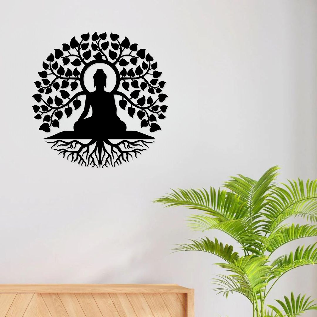 Artrooms Buddha on Tree Warrior Metal Wall Art - Wall Decoration | Wall Hanging (24x24 inch) | Black Matte Finish