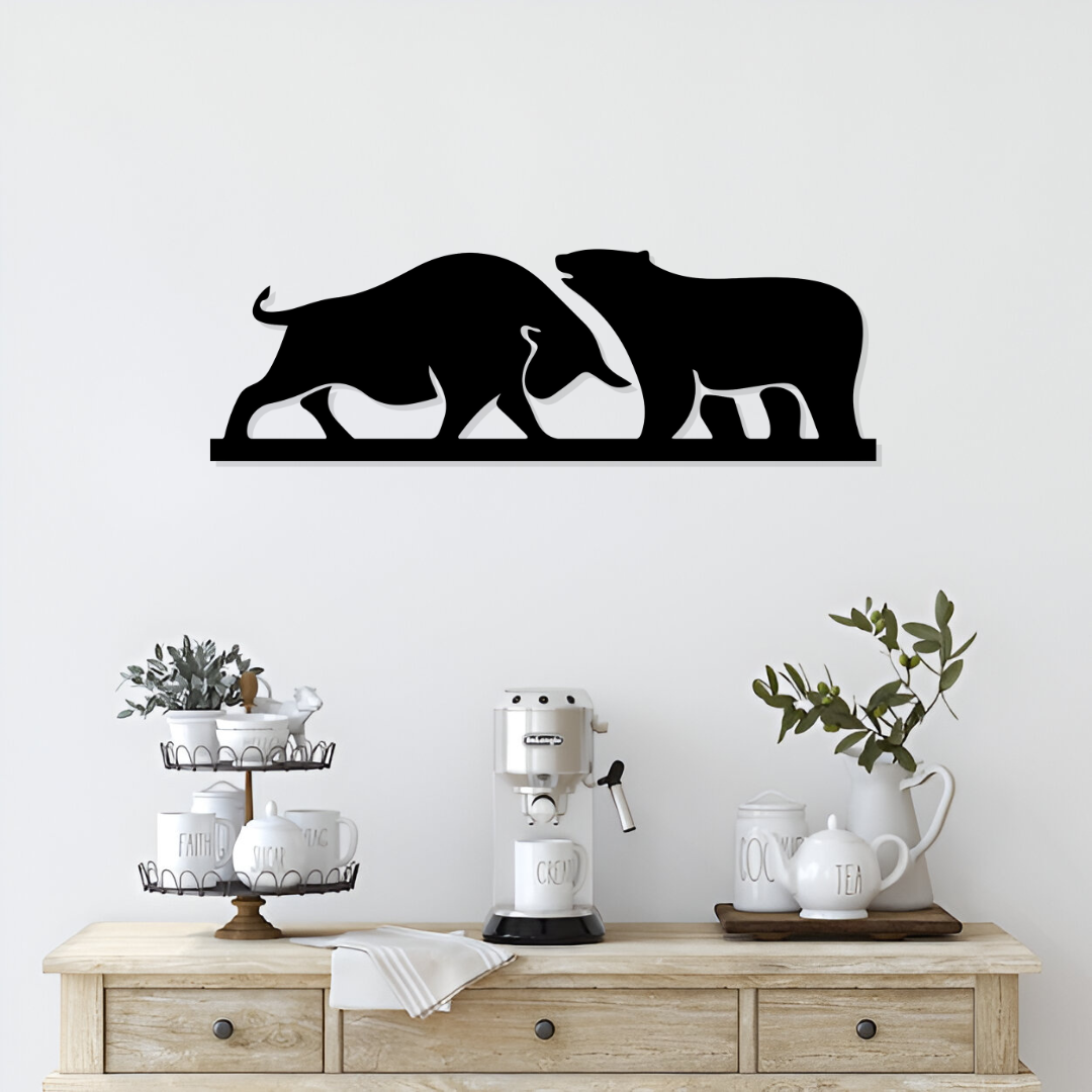 Artrooms Bull and Bear Metal Wall Art – 24x8 inch | Stock Market Wall Decor for Office & Trading Room