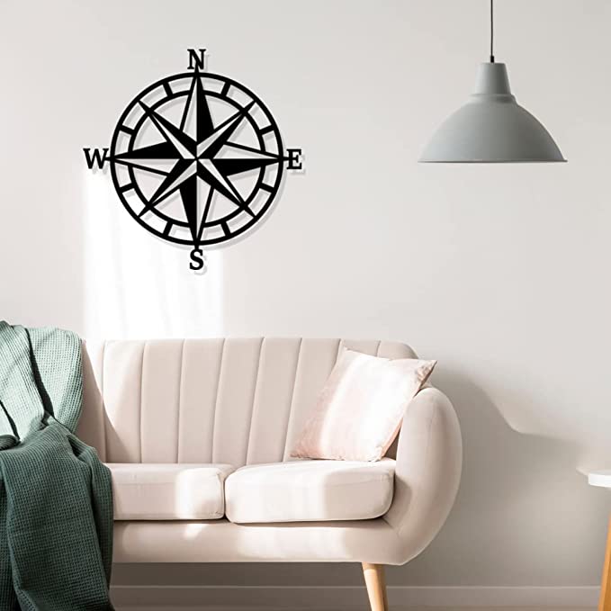 Artrooms Compass Metal Wall Art - Wall Decoration | Wall Hanging (25x25 inch) | Black Matte Finish