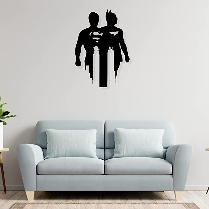 Artrooms Super man Bat Man Metal Wall Art - Wall Decoration | Wall Hanging (18x25 inch) | Black Matte Finish