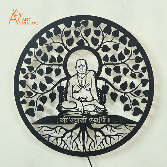 Swami Samarth metal wall art featuring a serene figure amidst intricate tree design, ideal for home decor.