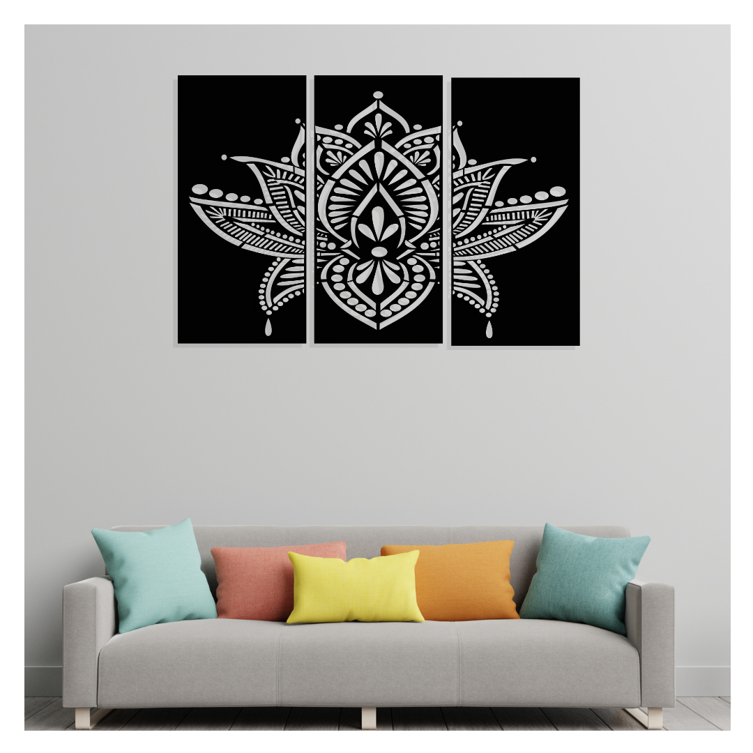 Artrooms Lotus Flower Mandala Metal Wall Art - Wall Decoration | Wall Hanging (36x25 inch) | Black Matte Finish