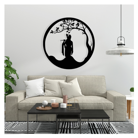 Artrooms Lord Krishna Metal Wall Art - Wall Decoration | Wall Hanging (25x25 inch) | Black Matte Finish