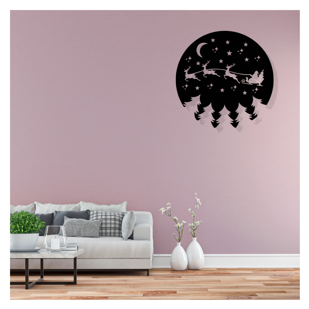 Artrooms Raindeer's with Santa Claus Metal Wall Art - Wall Decoration | Wall Hanging (25x25 inch) | Black Matte Finish