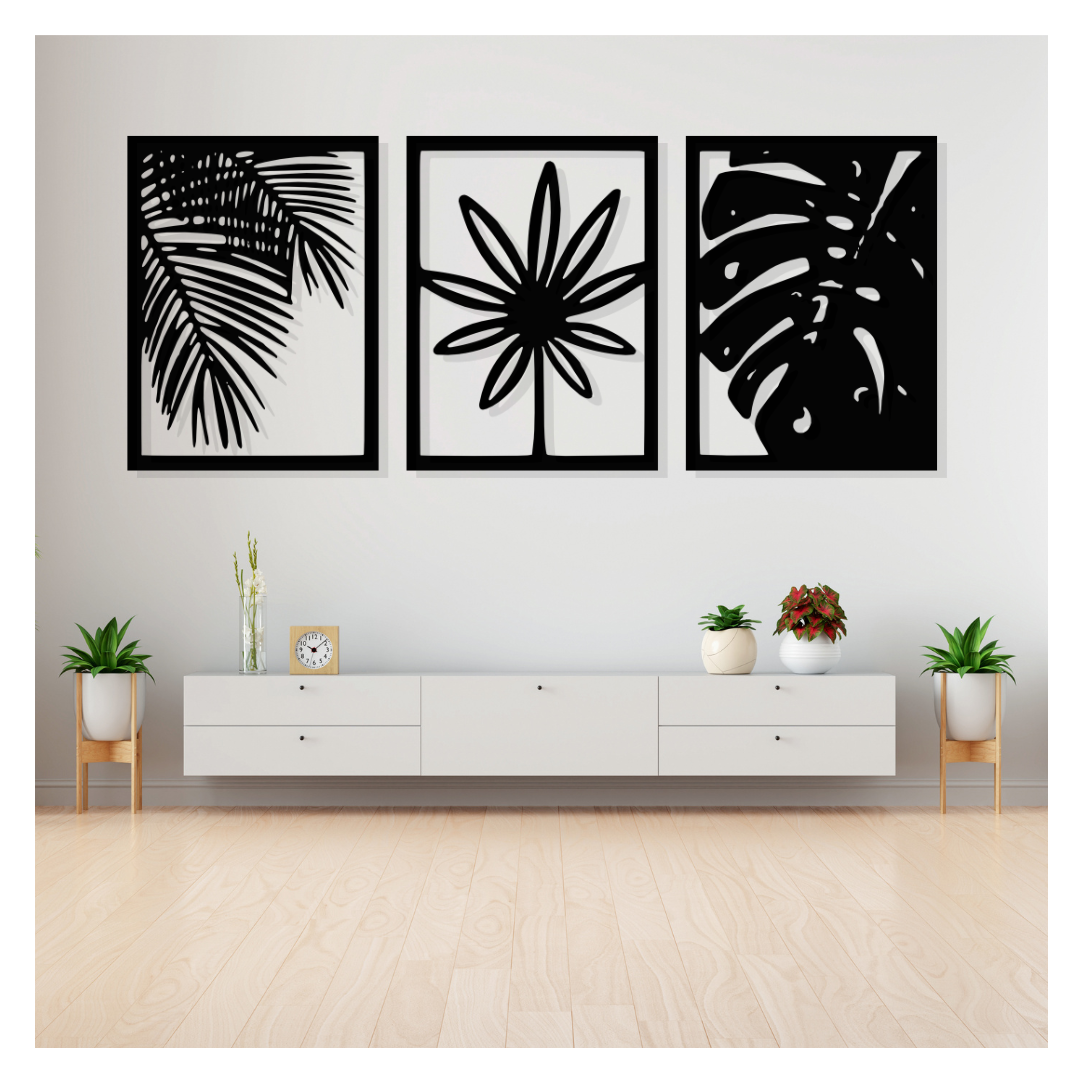 Artrooms Three Leaf Metal Wall Art - Wall Decoration | Wall Hanging (27x12 inch) | Black Matte Finish