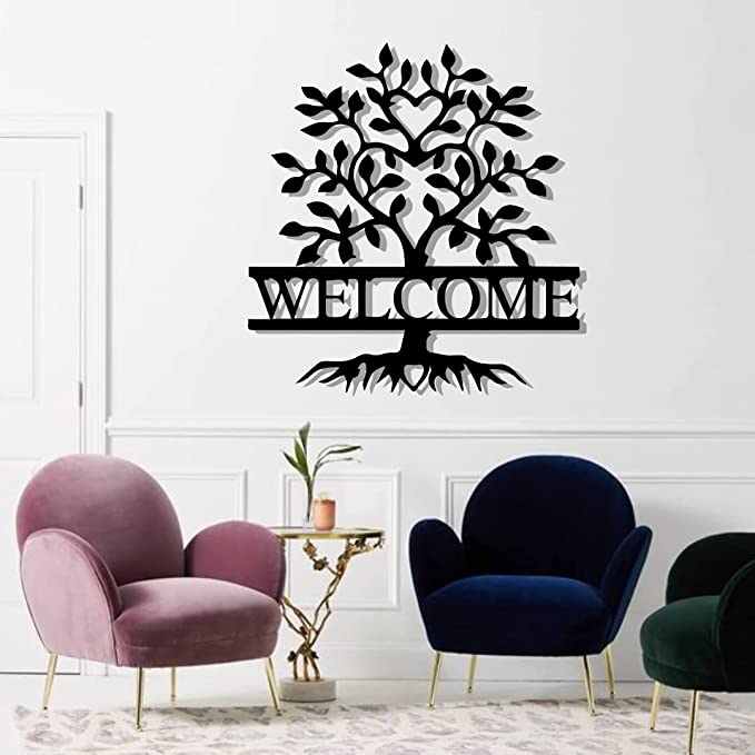 Artrooms Welcome Tree Metal Wall Art - Wall Decoration | Wall Hanging (24x24 inch) | Black Matte Finish