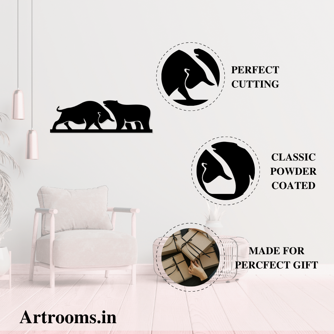 Artrooms Bull and Bear Metal Wall Art – 24x8 inch | Stock Market Wall Decor for Office & Trading Room
