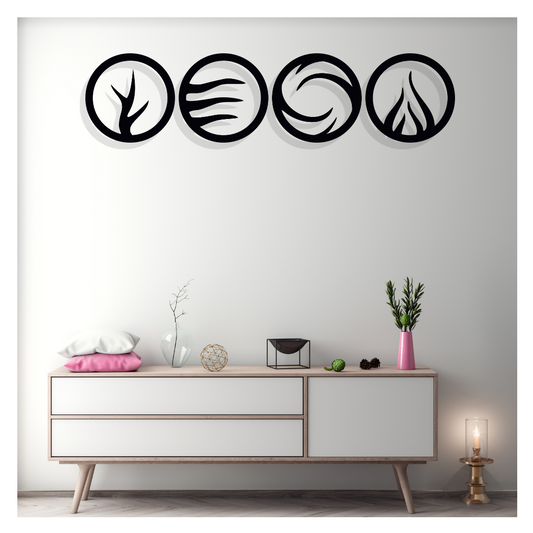 Artrooms Four Elements Metal Wall Art - Wall Decoration | Wall Hanging (48x12 inch) | Black Matte Finish
