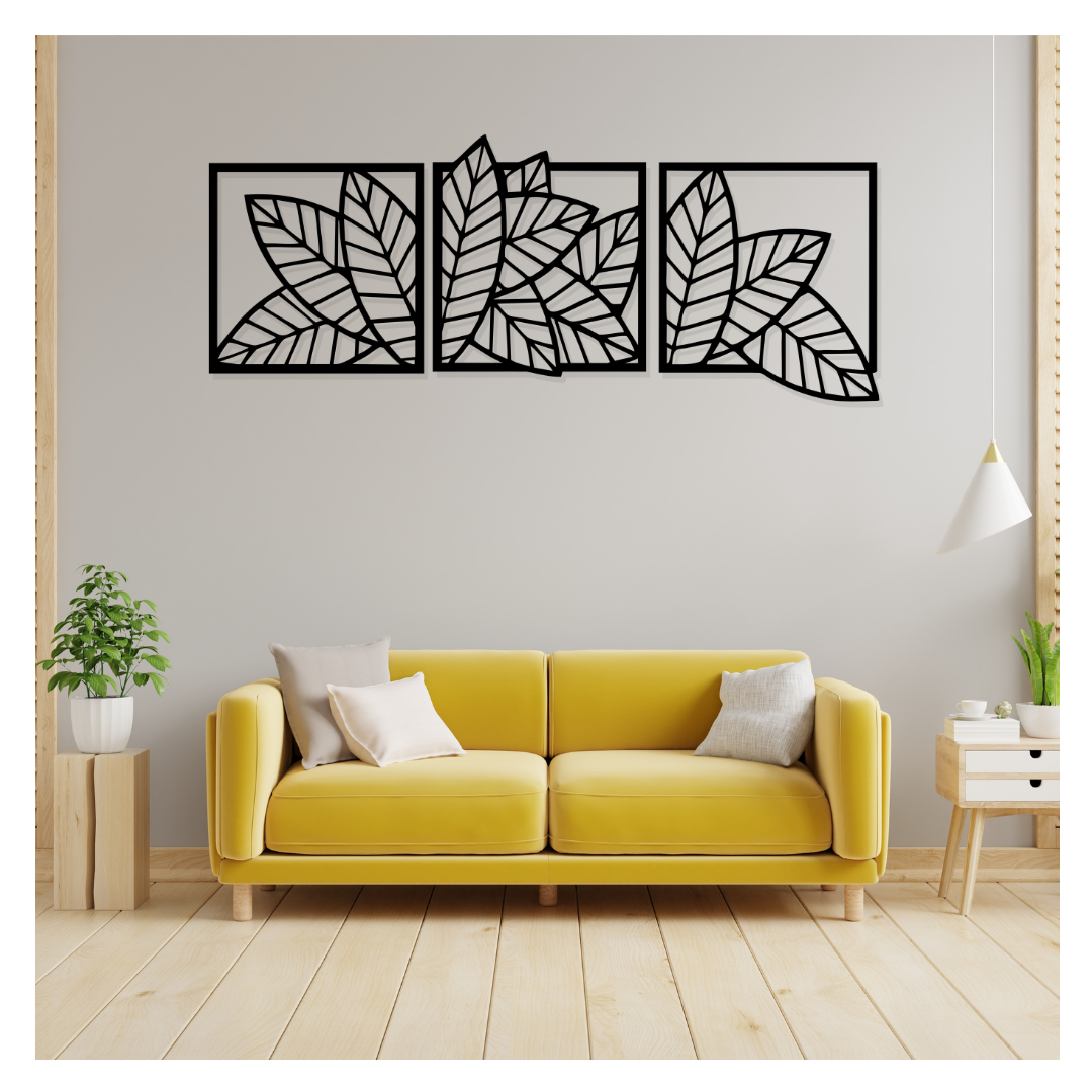 Artrooms Leaf Metal Wall Art - Wall Decoration | Wall Hanging (30x12 inch) | Black Matte Finish