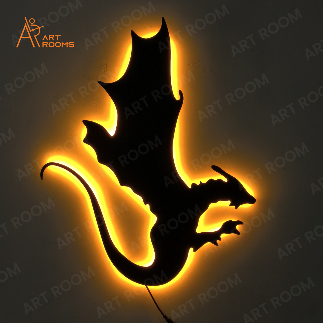 Artrooms Dragon Metal Wall Art With Light - Wall Decoration | Wall Hanging (20x25 inch) | Black Matte Finish