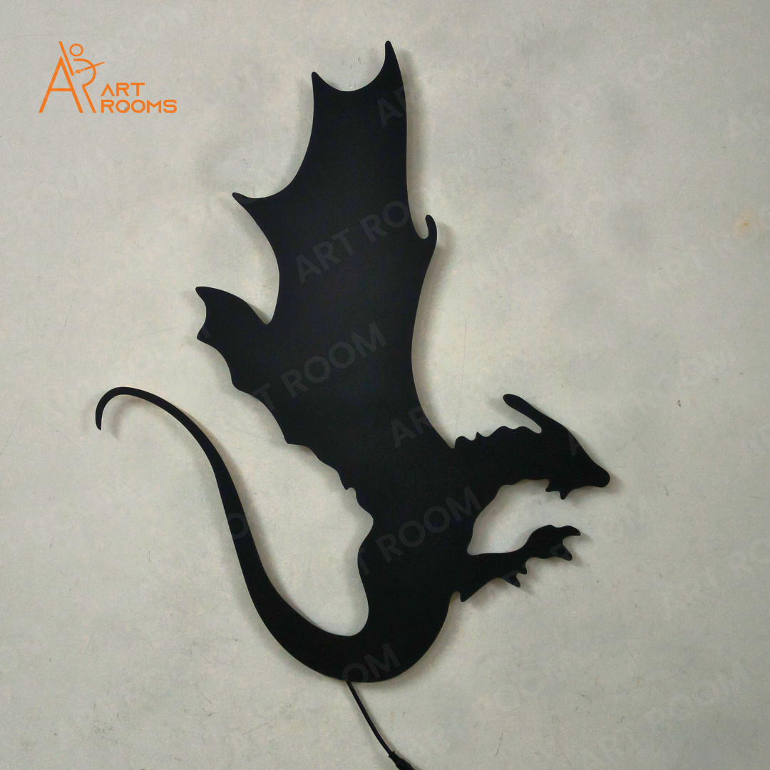 Artrooms Dragon Metal Wall Art With Light - Wall Decoration | Wall Hanging (20x25 inch) | Black Matte Finish