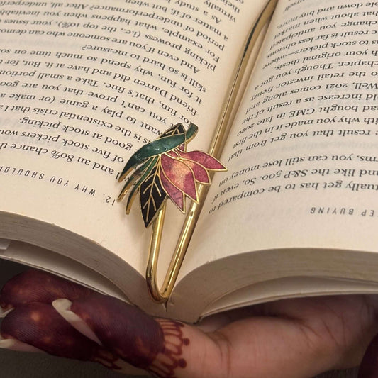 Brass Lotus Flower Bookmark – floral enamel design on hardcover book