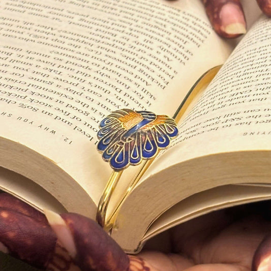 Brass Peacock Feather Bookmark – elegant enamel book accessory for readers