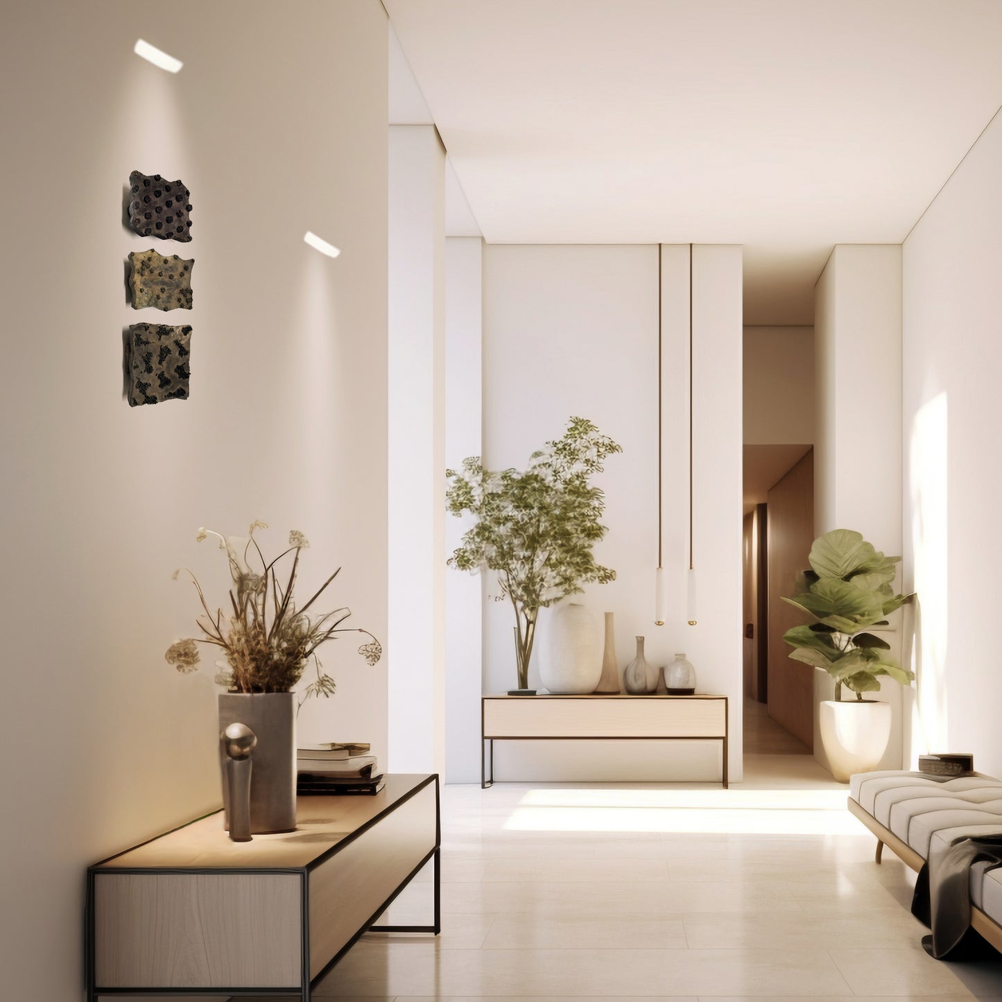 Hand-carved wooden printing blocks mounted on wall in modern home