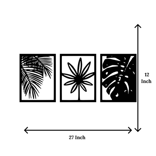 Artrooms Three Leaf Metal Wall Art - Wall Decoration | Wall Hanging (27x12 inch) | Black Matte Finish