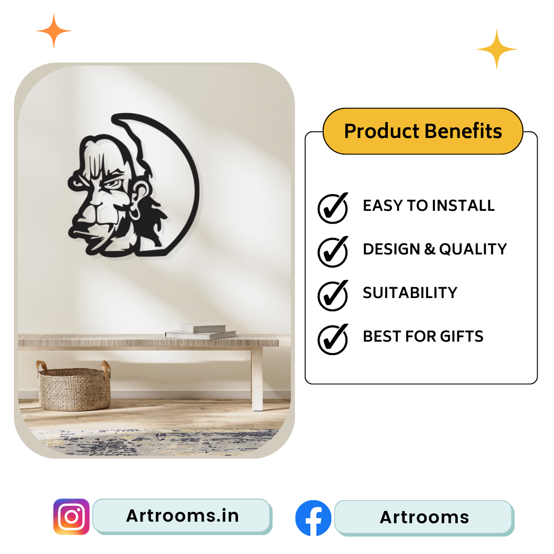 Artrooms hanuman Metal Wall Art - Wall Decoration | Wall Hanging (22x25 inch) | Black Matte Finish