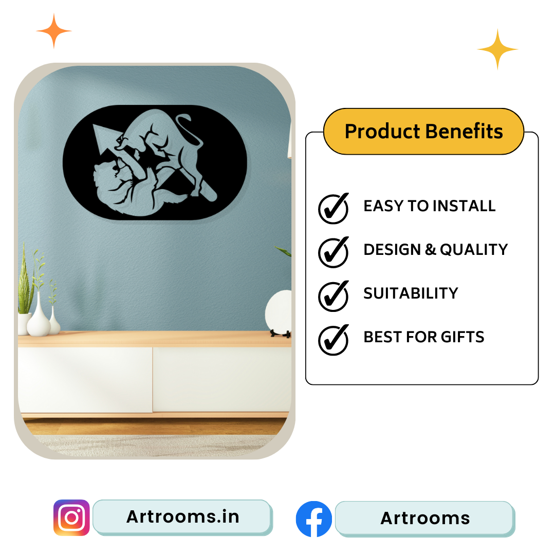 Artrooms Bull and Bear Metal Wall Art - Wall Decoration | Wall Hanging (25x15 inch) | Black Matte Finish