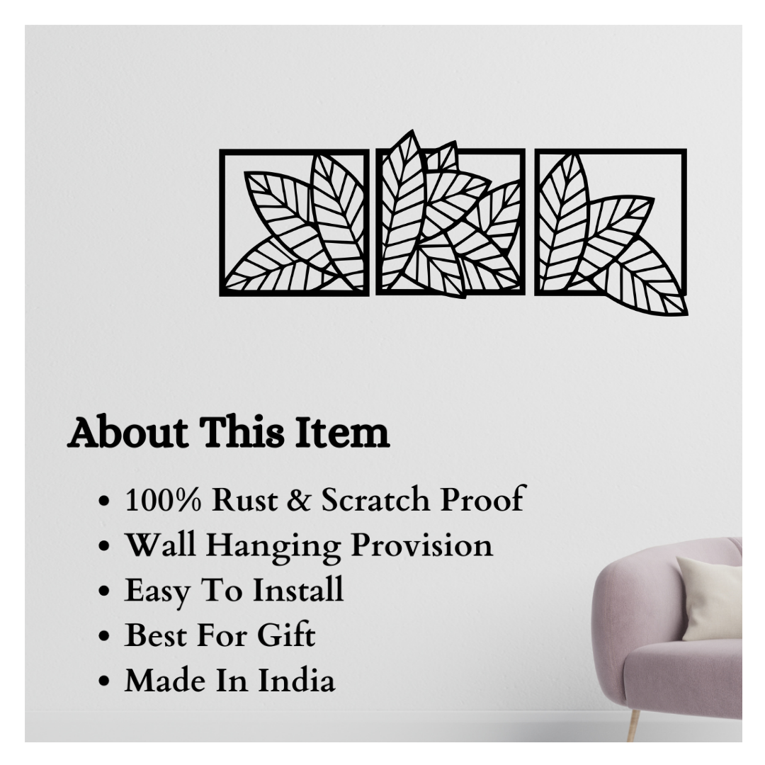 Artrooms Leaf Metal Wall Art - Wall Decoration | Wall Hanging (30x12 inch) | Black Matte Finish
