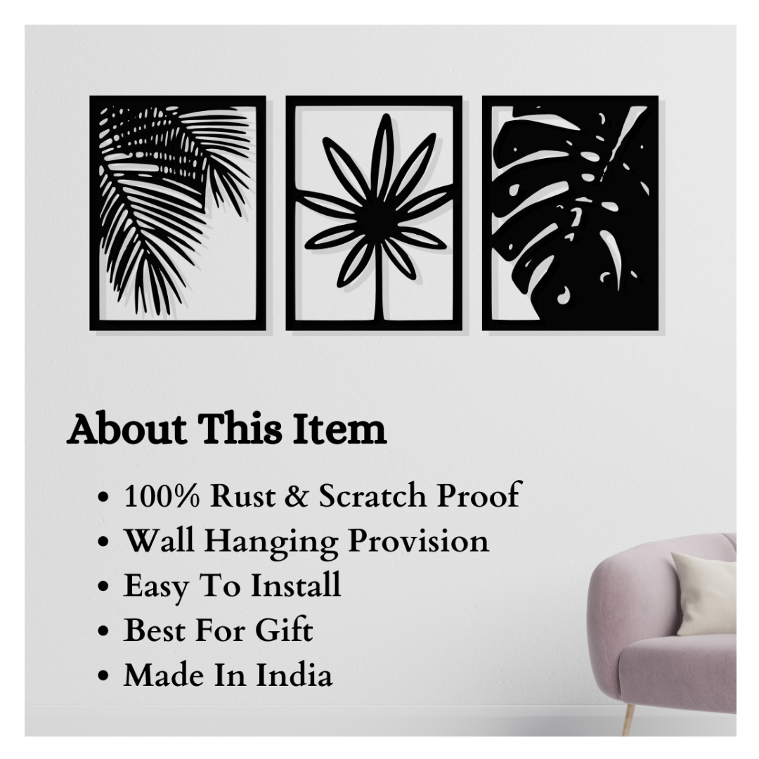 Artrooms Three Leaf Metal Wall Art - Wall Decoration | Wall Hanging (27x12 inch) | Black Matte Finish