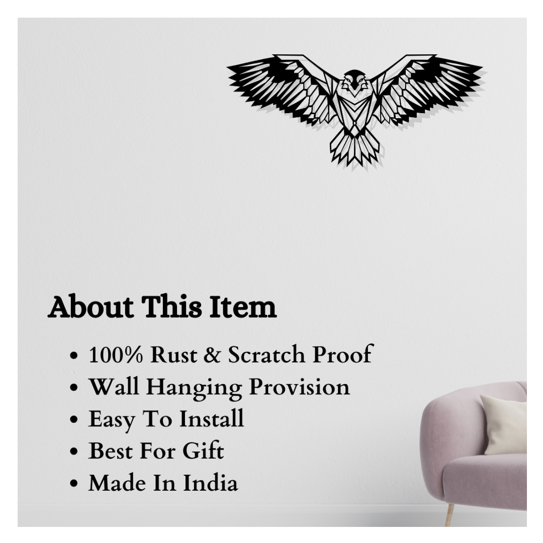Artrooms Eagle Metal Wall Art - Wall Decoration | Wall Hanging (25x11 inch) | Black Matte Finish