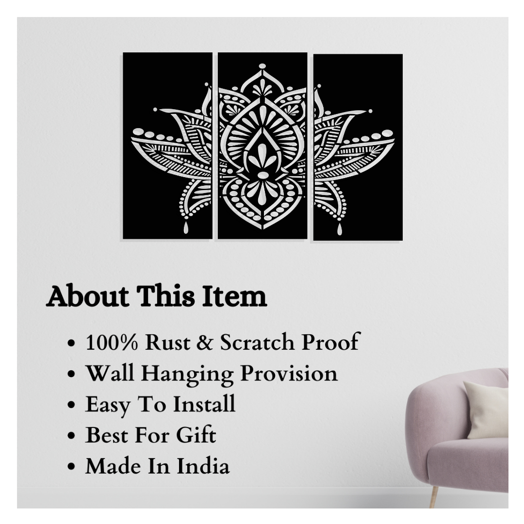 Artrooms Lotus Flower Mandala Metal Wall Art - Wall Decoration | Wall Hanging (36x25 inch) | Black Matte Finish