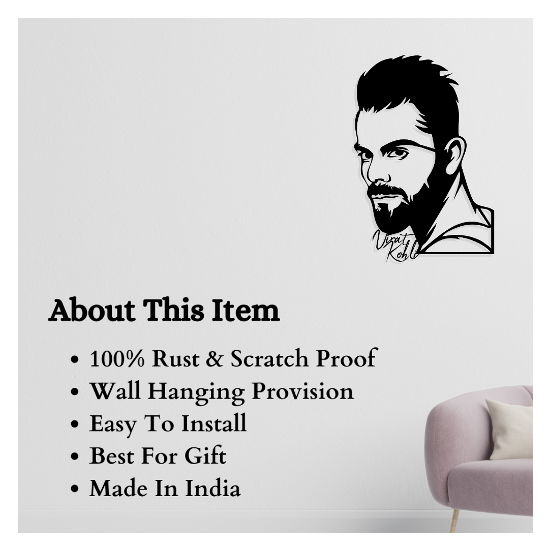 Artrooms Virat Kohli Metal Wall Art - Wall Decoration | Wall Hanging (17x25 inch) | Black Matte Finish