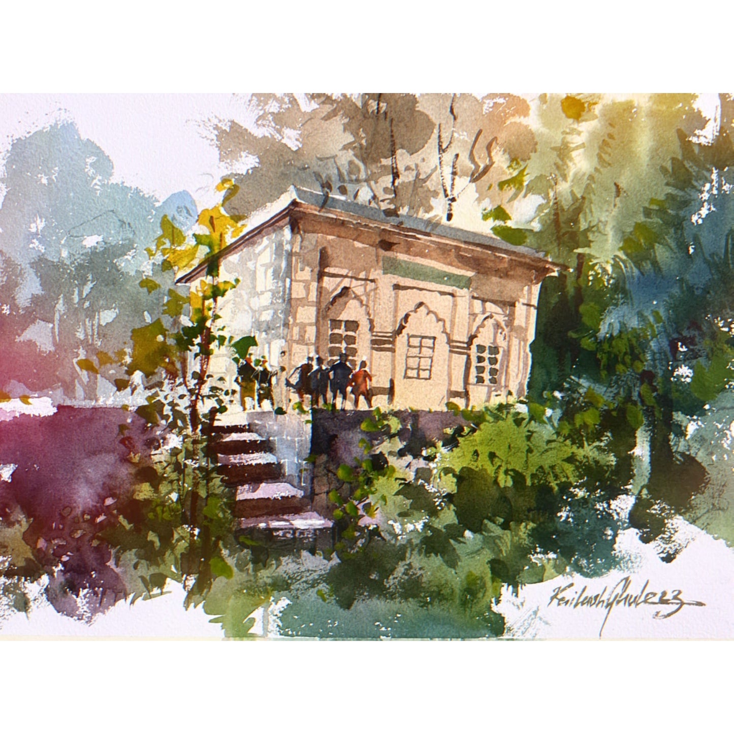 Water Color Handmade Painting 18 X 11 Inch - (Temple29)