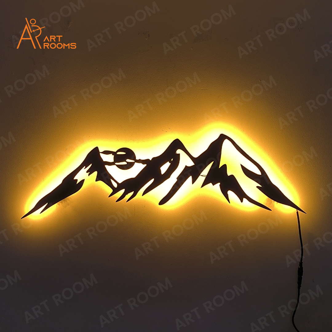 Artrooms Mountain Metal Wall Art With Light - Wall Decoration | Wall Hanging (25x7 inch) | Black Matte Finish
